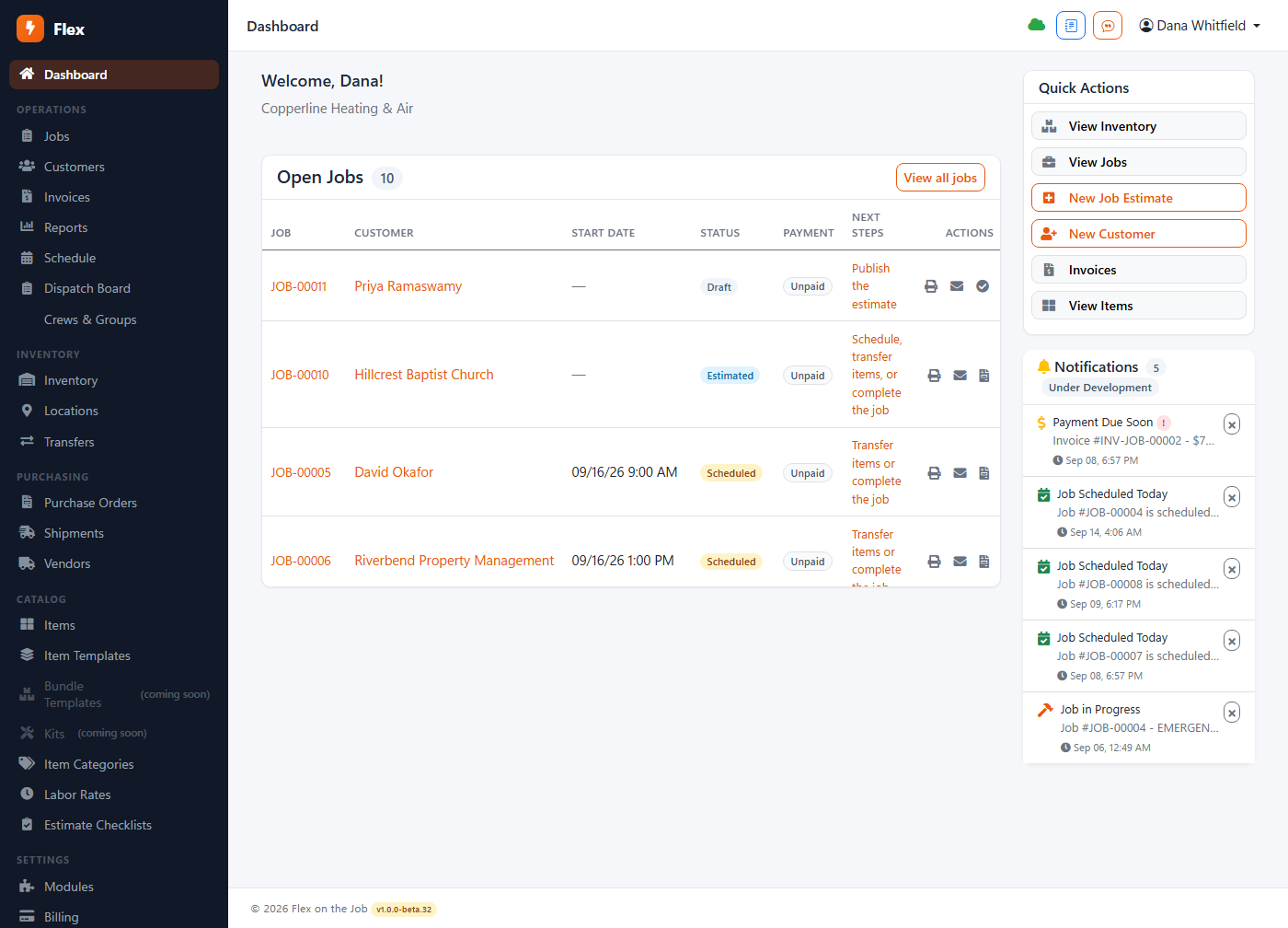 Flex dashboard showing the setup checklist, open jobs and overdue invoices