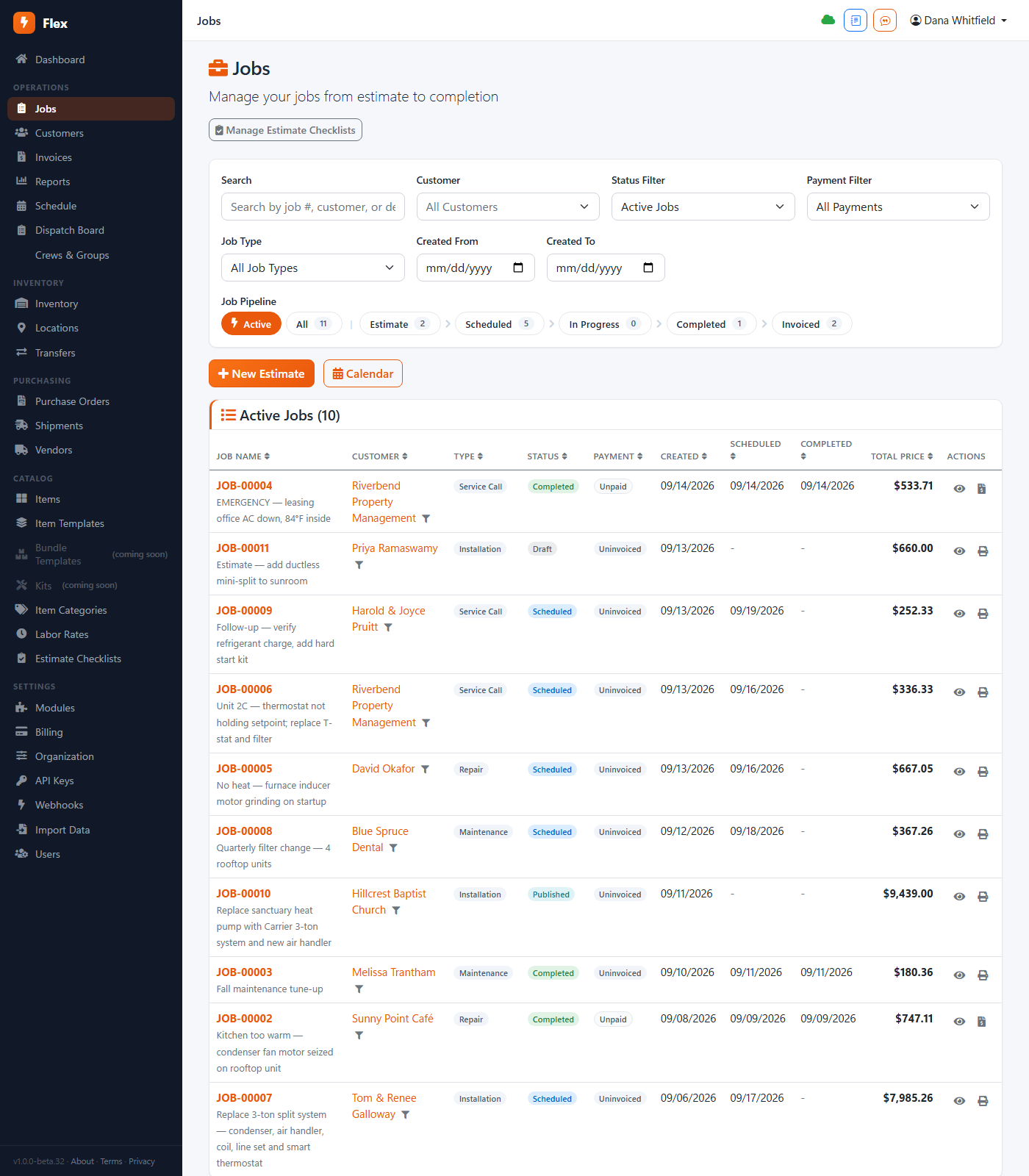 Jobs list grouped by status