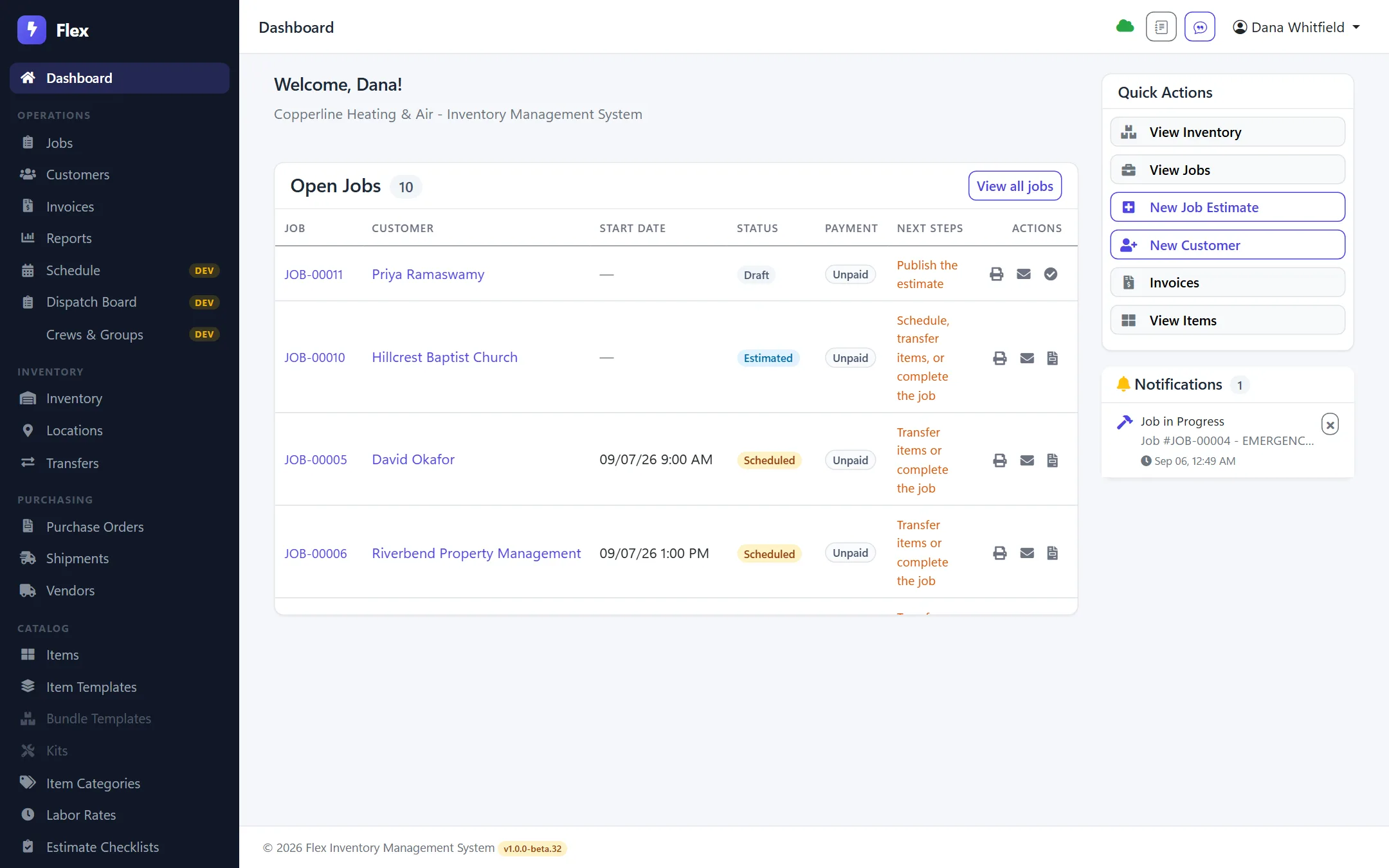Flex dashboard for an HVAC company: open jobs with status, payment state and next steps, plus quick actions
