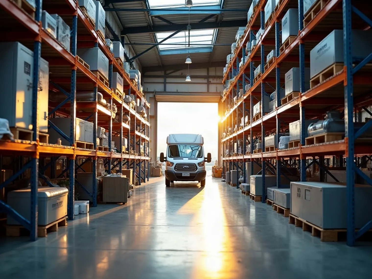 A busy trades warehouse aisle with shelves of parts and a work van, ready for the day