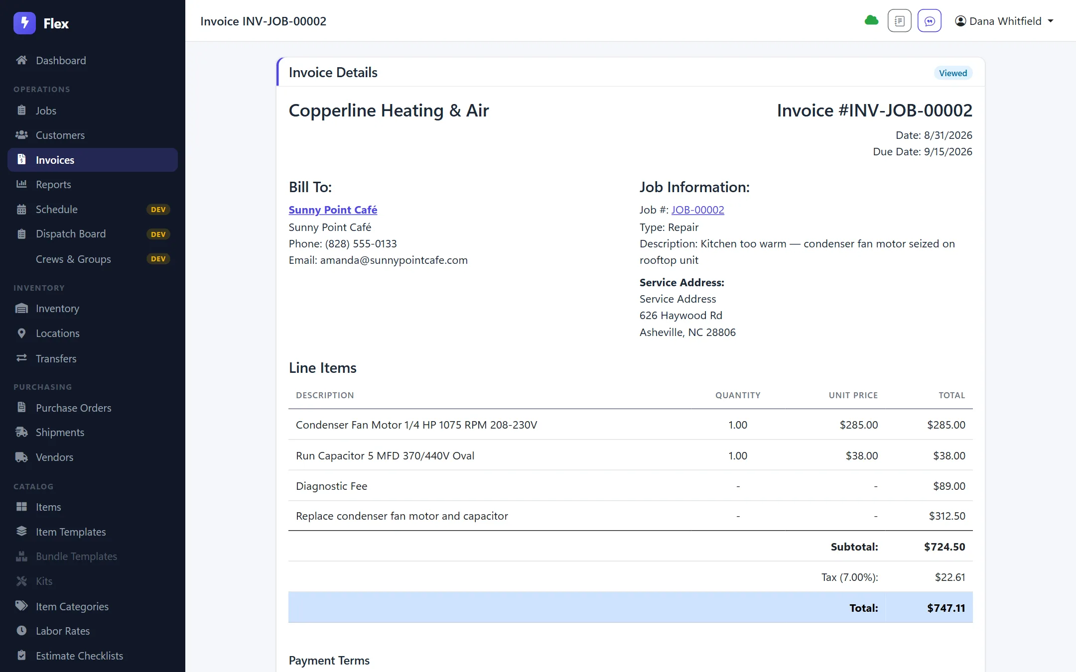 Invoice built from a completed repair job: parts, diagnostic fee, labor, tax and total