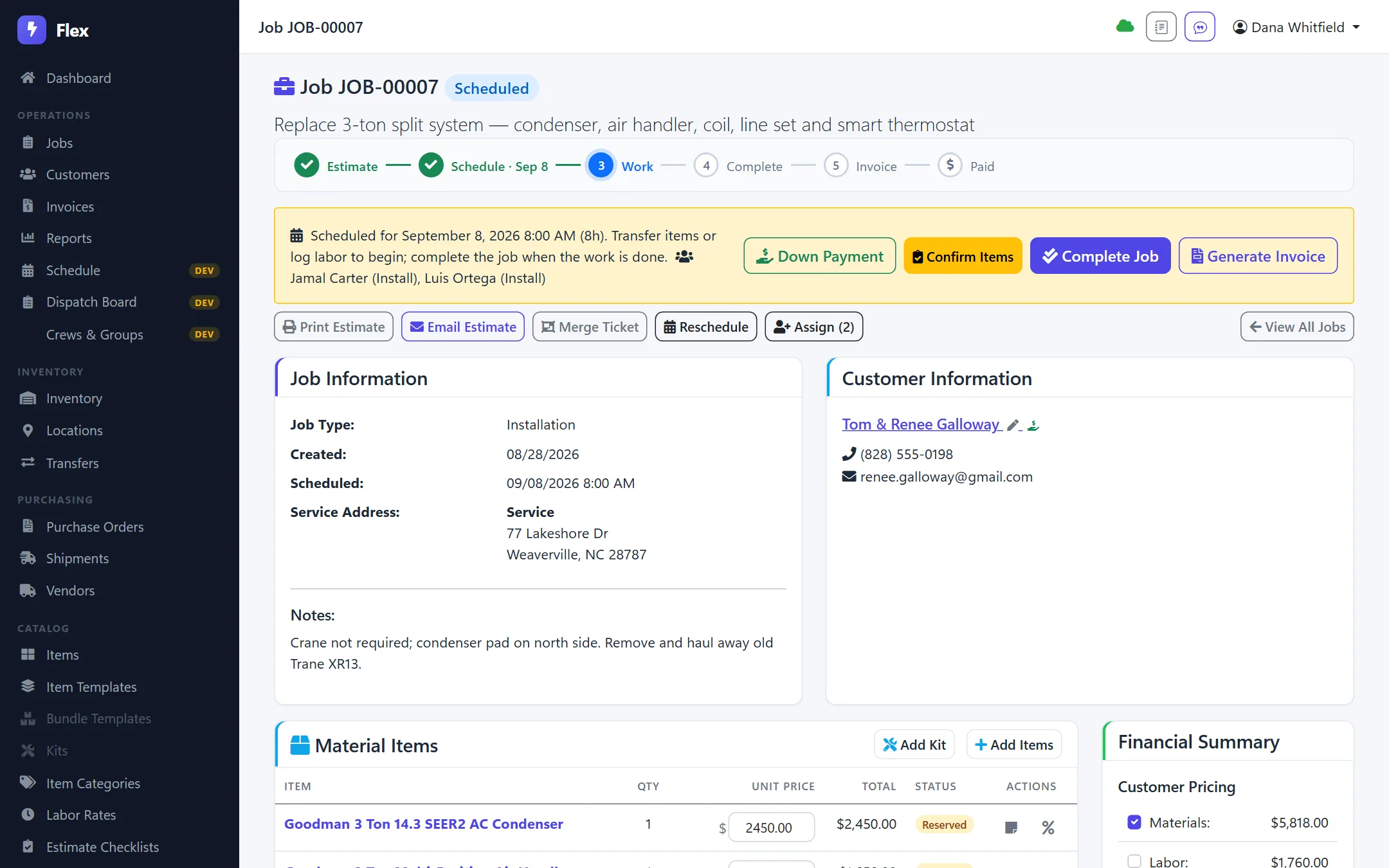 Job detail page for a 3-ton split system replacement: estimate, schedule, work, complete, invoice and paid steps with customer and material items