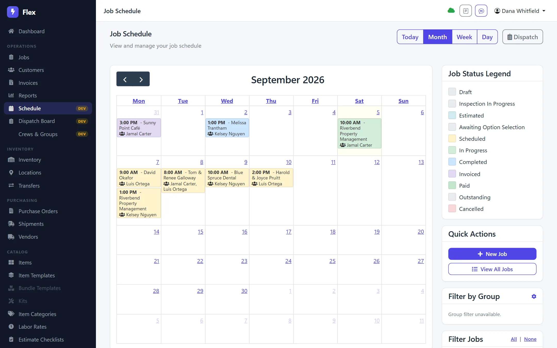 Month calendar of scheduled jobs, color-coded by status, showing which technician is assigned to each